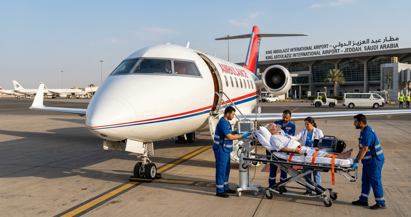 Air Medical 24X7 medical team transferring a patient to an ICU air ambulance at Riyadh International Airport